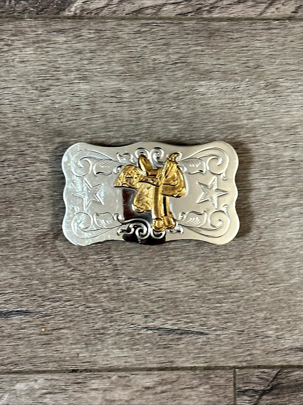 Chambers Belt Co. Saddle Belt Buckle. Silver & Gold